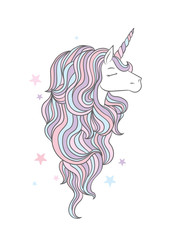 A beautiful unicorn with a multicolored mane. A fabulous animal. Vector illustration for a postcard, poster or print for clothes.