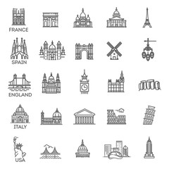 Simple linear Vector icon set representing global tourist landmarks and travel destinations for vacations