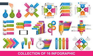 Big Collection of sixteen infographics. Design elements. Infographics for business presentations or information banner.