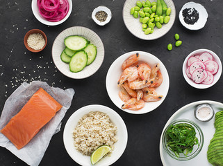 Fresh ingredients for poke bowl. Top view.