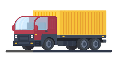 Lorry car with container. Truck for delivery object. Transportation of goods. Vector flat illustration.