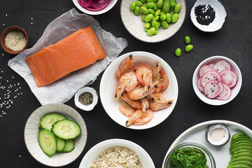 Fresh ingredients for poke bowl. Top view.