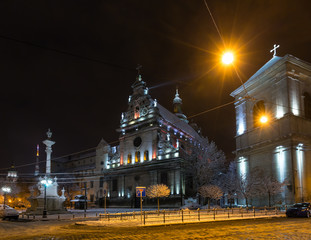 Night winter Bernardine Church and monastery, Lviv city, Ukraine