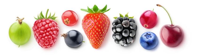 Isolated collection of berries, top view. Fresh strawberry, blackberry, blueberry, cranberry,...