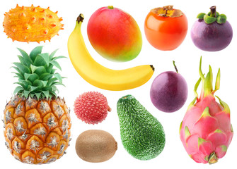 Isolated tropical fruits collection. Fresh kiwano, banana, mango, persimmon, mangosteen, pineapple, lichee, kiwi, avocado, passionfruit and dragonfruit isolated on white background with clipping path