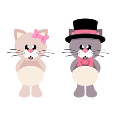 cartoon cute cat girl with bow and cat with hat and tie