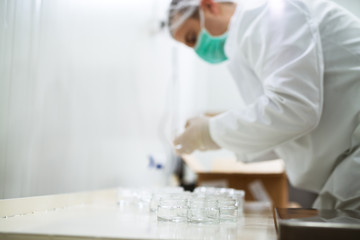 Healthcare creme production in laboratory. Creme products in lab. Healthcare industry.