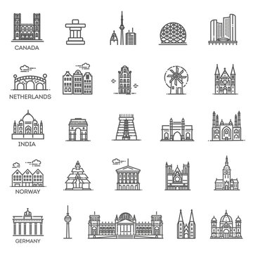 Simple linear Vector icon set representing global tourist landmarks and travel destinations for vacations