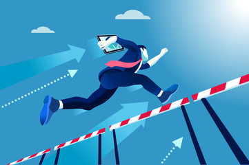 Business man jumping over obstacles a manager race concept. Overcome obstacles concept. Man jumping over obstacles like hurdle race. Business vector illustration.