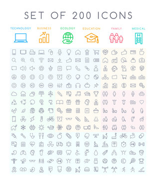 Set of 200 Minimal Modern Black Thin Stroke Icons ( Multimedia Business Ecology Education Family Medical Fitness)