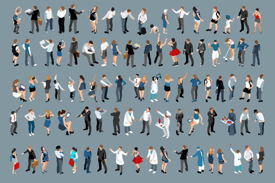 Isometry design large set of businessmen and business ladies. 3d lawyers economists presidents bank employees and entrepreneurs with different gestures and emotions.