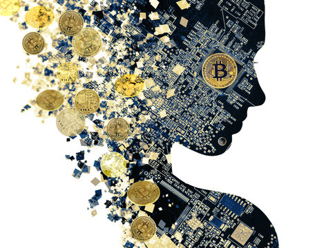 Double exposure portrait of young woman and computer board with golden bitcoins. Golden bitcoin lying on microscheme. Bitcoin mining.
