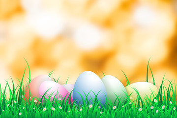 illustration of easter day with an egg on green grass blooming flower with orange bokeh in background,copy space for a word and text ,spring festival