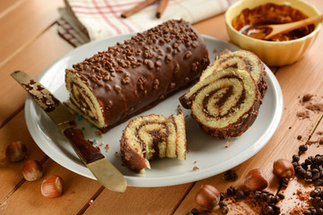 chocolate roll cake with hazelnut cream filling