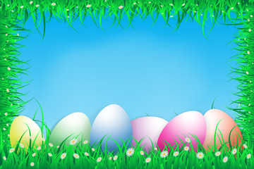 illustration of easter day with an egg on green grass blooming flower frame with blue sky ,copy space for a word and text ,spring festival