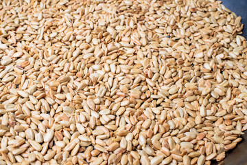 Roasted sunflower seeds in a black skillet