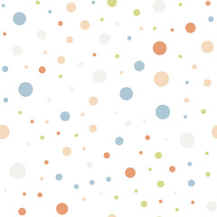 Colorful polka dots seamless pattern on white 11 background. Great classic colorful polka dots textile pattern. Seamless scattered confetti fall chaotic decor. Abstract vector illustration.