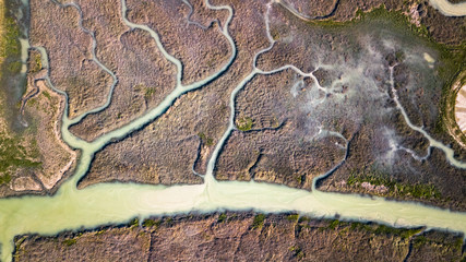 Drone view of a spectacular delta where a river flows into the sea