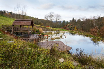 Pretty wooden pier at natural swimming pond with extensive green living sod roof covered with vegetation in background on colorful autumn day