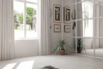 White empty room with summer landscape in window. Scandinavian interior design. 3D illustration