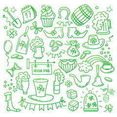 Irish Saint Patrick s Day icons and elements isolated on white background. Traditional hand drawn Irish party symbols . Doodle style vector illustration.