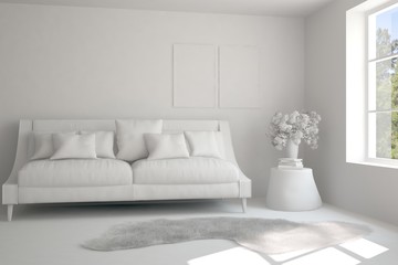 Grey room with sofa. Scandinavian interior design. 3D illustration