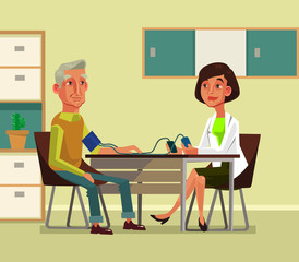 Woman doctor character measures pressure to old man. Vector flat cartoon illustration