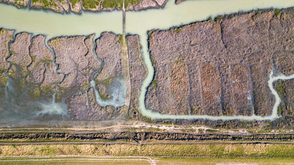 Drone view of a spectacular delta where a river flows into the sea