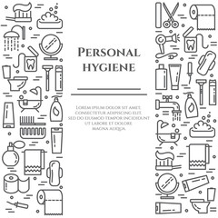 Personal hygiene line banner. Set of elements of shower, soap, bathroom, toilet, toothbrush and other cleaning pictograms. Line out. Simple silhouette. Editable stroke. Vector illustration