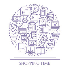 Fototapeta na wymiar Shopping theme violet horizontal banner. Pictograms of bag, credit card, shop, delivery, cash, wallet, cart, sticker, other purchases related elements. Vector illustration Editable stroke