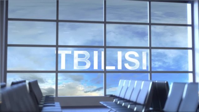 Commercial airplane landing at Tbilisi international airport. Travelling to Georgia conceptual intro animation