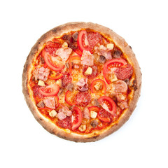 Pizza with chorizo, ham and gray tomatoes on a clean white background. View from above. Isolated..