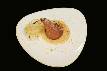 food, art, dessert, pear, culinary, creative, fruit, preparation, decoration, present, bouquet, sugar, original, syrup, catering, beautiful, design, nature, green, pattern, closeup, healthy, fresh, co