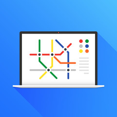 Subway map on laptop screen. Metro navigation, public transportation, navigator, route concepts. Modern flat design. Vector illustration