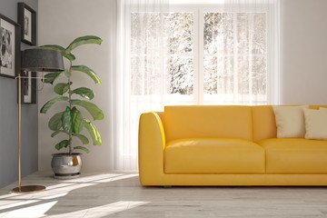 White room with sofa and winter landscape in window. Scandinavian interior design. 3D illustration