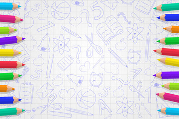 Concept of a school background with coloured pencils and cute doodles. Vector.