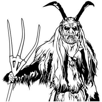 Satan Standing and Holding a Pitchfork - Black and White Devil Illustration, Vector
