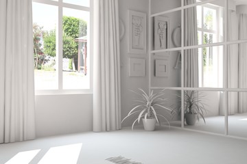 White empty room with summer landscape in window. Scandinavian interior design. 3D illustration