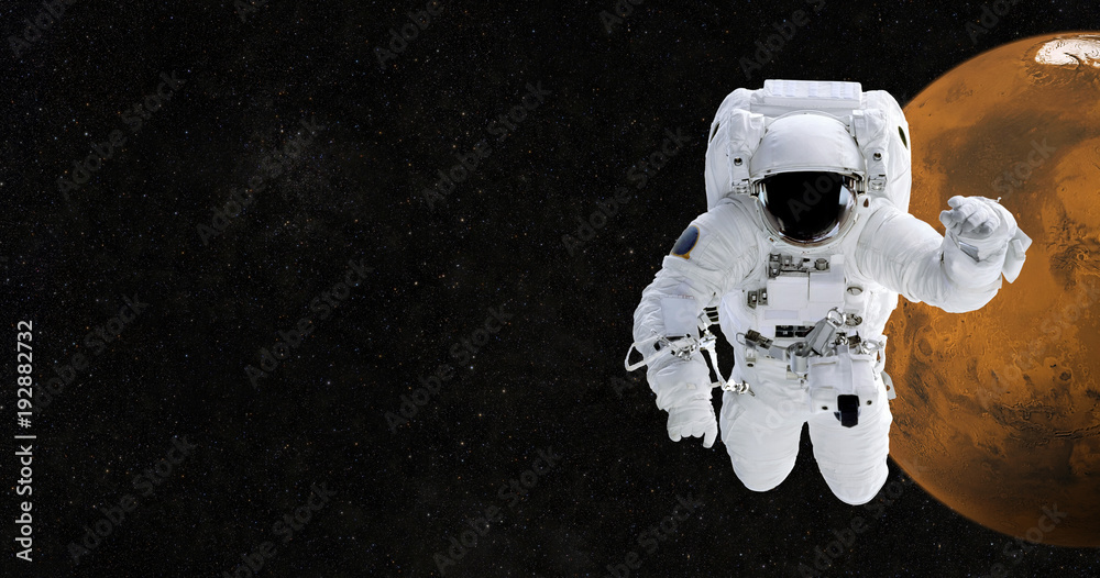 Poster spaceman travels to mars. astronaut in space against the background of the planet mars