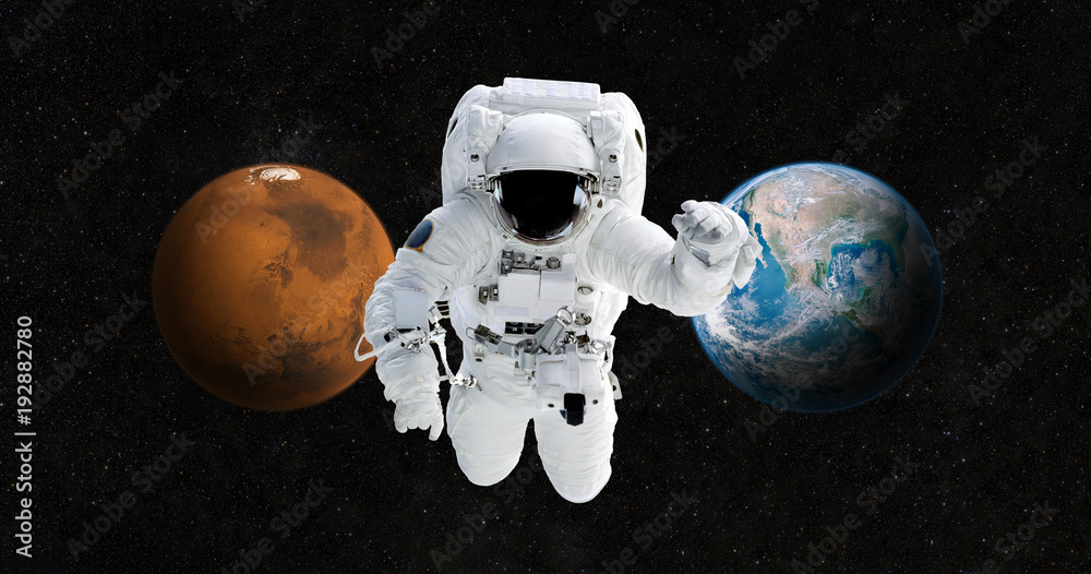 Poster Astronaut is traveling to a new home on the planet Mars. Spaceman in the open space against the backdrop of the planet Earth and Mars. The concept of future travel