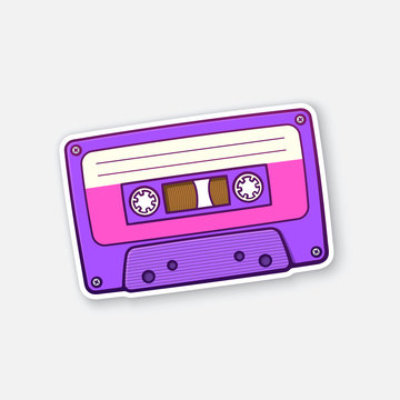 Sticker of ultra violet retro audio cassette with pink stripe