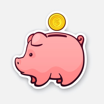 Sticker of piggy bank for cash money with gold dollar coin in side view
