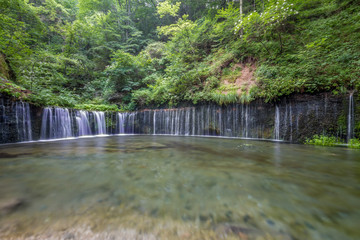 Shiraito Falls (Shiraito-no-taki) 3 Meters height waterfall but spread out over a 70 meter wide arch. Located north of Karuizawa, Shizuoka Prefecture, near Mount Fuji, Japan