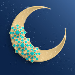 Paper graphic of islamic crescent moon, star shape. Islamic decoration. Golden moon and stardust. Ramadan Kareem - glorious month of Muslim year. Modern 3d paper cut concept