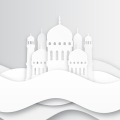 Creative islamic mosque made by paper cutout for holy month of muslim community, Ramadan Kareem celebration. Vector 3D paper mosque.