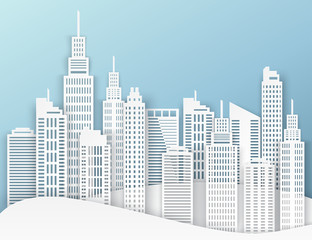Obraz premium White paper skyscrapers. Achitectural building in panoramic view. Modern city skyline building industrial paper art landscape skyscraper offices. Vector Illustration