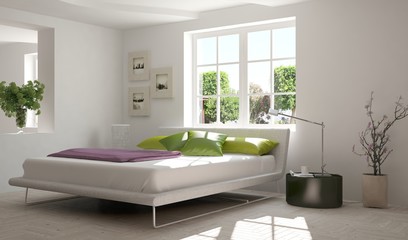 Inspiration of white minimalist  bedroom with summer landscape in window. Scandinavian interior design. 3D illustration