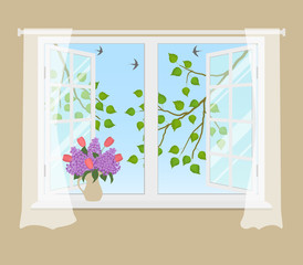 Open window with curtains on a beige background. Outside the window there are tree branches with green leaves. There is a bouquet of lilacs and tulips on the windowsill. Vector illustration