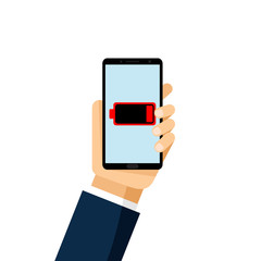 Low battery. Flat design. Low battery notification on phone screen. isolated white background