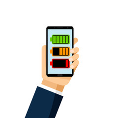 Battery charging. Battery charge level indicators isolated on white background. Flat design. Battery notification on phone screen
